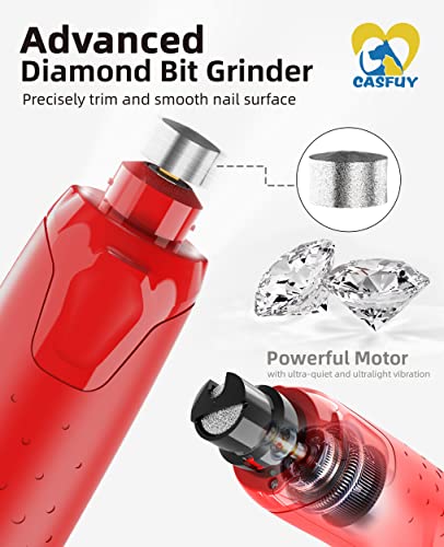 Casfuy Dog Nail Grinder Quiet - (45db) 6-Speed Pet Nail Grinder with 2 LED Lights for Large Medium Small Dogs/Cats, Professional 3 Ports Rechargeable Electric Dog Nail Trimmer with Dust Cap(Red) - color: Red