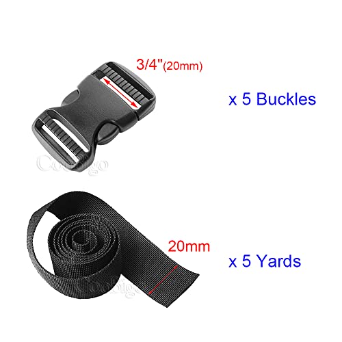 CooBigo 5 Pack 3/4" Side Release Buckle Dual Adjustable 5 Yards 3/4" PP Strap Webbing Outdoor Camping Backpack Sleeping Bag Tent Belt Tied Band Accessories (5 Buckle + 5 Yards Webbing) - color: G#: 3/4" (5 Buckle + 5 Yards Webbing)