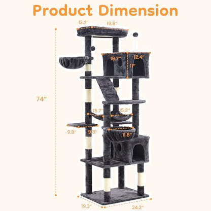 74" Cat Tree Tower with Scratching Posts, Condos, Perch, Hammocks & Toys, Cat Tree for Indoor Cats Large Adult, Ideal for Multi-Cat Households, Dark Gray - color: Dark Gray