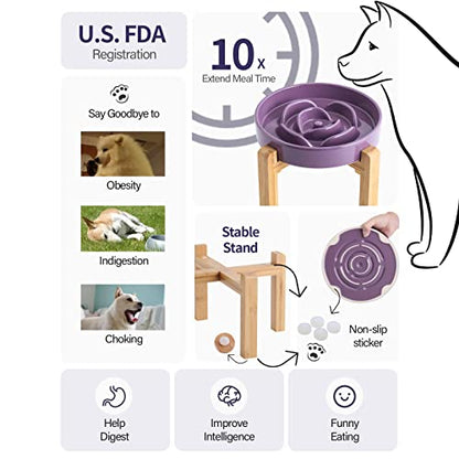 8.66 in Purple Dog Bowl Ceramic Slow Feeder for Medium Large Dogs,Elevated/Raised Slow Feeding Dog Food Water Dish Heavy Weighted,Puppy Bowl for Fast Eaters,Puzzle Eating Bowl Maze - color: Purple Slow Feeder Elevated