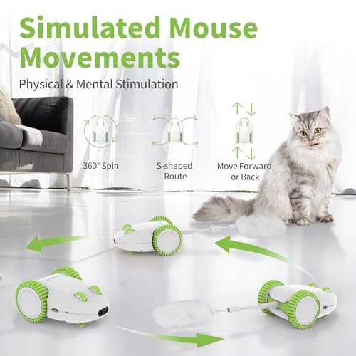 PETGEEK Automatic Cat Mouse Toys Interactive Cat Toys for Indoor Cats, Smart Sensing Moving Electric Cat Toys with Catnip Wand, USB Rechargeable Remote Control Squeaky Mouse Cat Toy, 3 Catnip Tails - color: Green