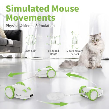 PETGEEK Automatic Cat Mouse Toys Interactive Cat Toys for Indoor Cats, Smart Sensing Moving Electric Cat Toys with Catnip Wand, USB Rechargeable Remote Control Squeaky Mouse Cat Toy, 3 Catnip Tails - color: Green