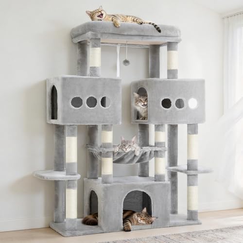Hey-brother Cat Tree Tower, Large Sisal Scratching Posts with Big Platform, 3 Spacious Condos, Plush Hammock, Toy, 57.5 Inches Multi-Level Furniture for Indoor Adults Maine Coon, Light Gray MPJ083W - color: Light Gray