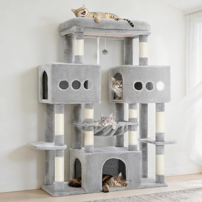 Hey-brother Cat Tree Tower, Large Sisal Scratching Posts with Big Platform, 3 Spacious Condos, Plush Hammock, Toy, 57.5 Inches Multi-Level Furniture for Indoor Adults Maine Coon, Light Gray MPJ083W - color: Light Gray