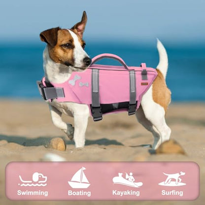 EMUST Dog Life Vests, Adjustable XS Dog Life Jacket with Rescue Handle, Puppy Flotation Vest for Small/Medium/Large Dogs, SakuraPink, XS - color: Sakura Pink, size: XS