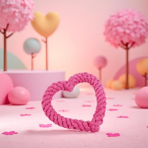 Jinshining Pink Cute Dog/Cat Chew Toys, Dog Toys for Chewers, Heavy Duty Dental Rope Toy for Dogs, Creative Love Heart Shaped Interactive Rope Dog Toys, Cotton Puppy Teething Chew Tug Toy Dark