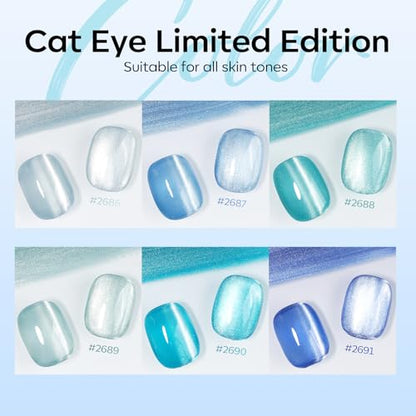 modelones Cat Eye Gel Nail Polish Set, 6 Colors Light Baby Blue Green 9D Cat Eye Glitter Gel Polish with Magnetic Stick Soak Off LED Manicure DIY Salon Gift Starter Kit - color: A A A2 Blue Green Cat Eye