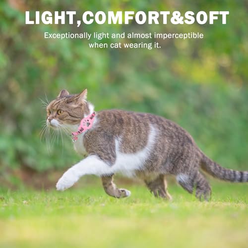 SCENEREAL Airtag Cat Collar Breakaway, Reflective Pink Cat Collar Airtag, GPS Cute Cat Collar with Bells and Apple Air Tag Holder, Glow in The Dark Pet Collars for Boy Girl Cats, Kittens, Puppies