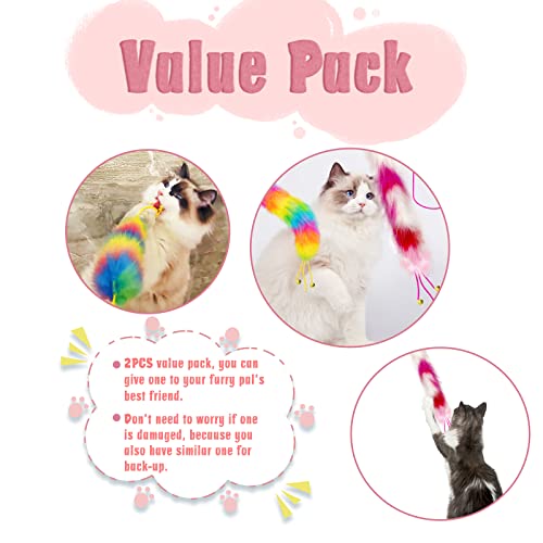 2 Pack Cat Wand Toy, Rainbow Cat Feather Toys with Bells, Teaser Wand with Soft Furry Tail, Interactive Toys for Indoor Cats & Kitten & Kitty - style: D-Yellow&Rose Red-2pcs