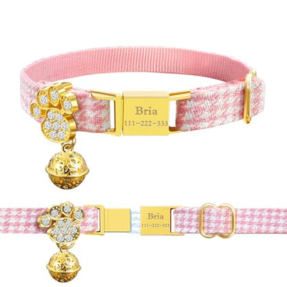 Personalized Breakaway Cat Collars - Magnetic Buckle, Bell - Safety Quick Release, Customized for Girls & Boys Cats- (Houndstooth-Pink) - color: Houndstooth-Pink