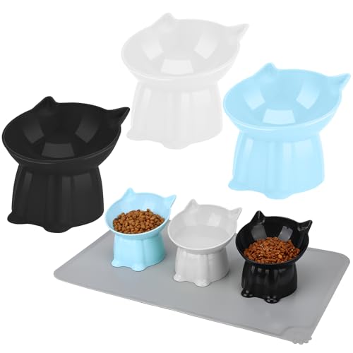 3 Pcs Elevated Cat Bowls 15°Raised Cat Food Bowl with Silicone Mat Whisker Friendly Anti Vomiting Cats Dishes Pet Food and Water Bowls for Indoor Cats Kittens, Blue, Black, White - color: Blue, Black, White