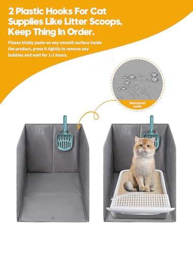Waterproof Cat Litter Box Enclosure Splash Guard with Removable Mat, Cat Box Enclosure with 2 Hooks for Scoop, Anti-Leakage, Dust Control, Easy to Clean-24.02 x 16.14 x 16.14 inches - color: Grey