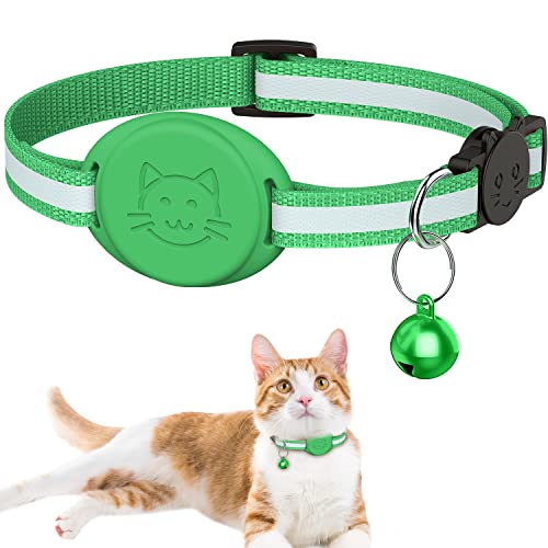 Upgrade Airtag Cat Collar, Reflective Kitten Cat Collar with Bell and Airtag Holder Compatible with Apple Airtags - color: light green