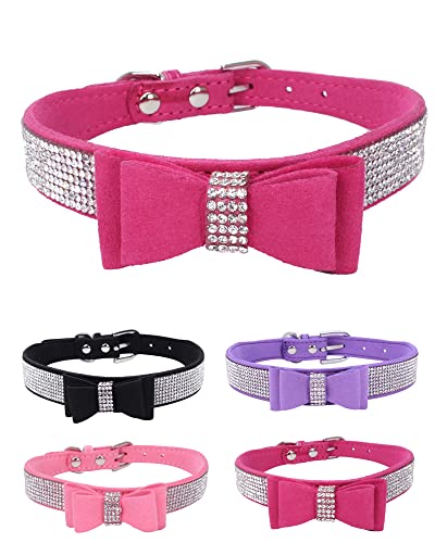 Rhinestone Dog Collar for Small Medium Large Dogs, Adjustable Leather Suede Bling Dog Collars，Diamond Bow Tie Puppy Collars for Boy and Girl. - color: rose red1, size: XS