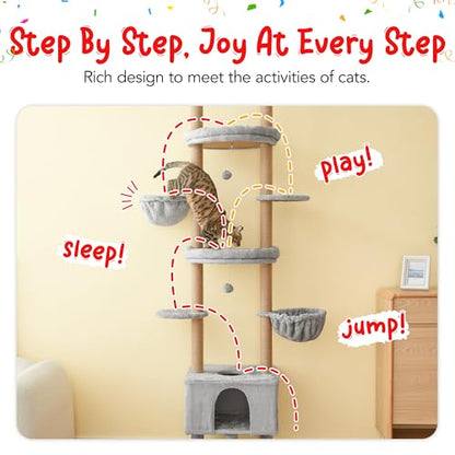 Cat Tree, Floor to Ceiling Cat Tower Adjustable Height [92.9-102.4in=235-258cm], 7 Tiers Cat Climbing Play House with Fully Sisal Scratching Post,Cozy Condo&Hammocks for Indoor Cats,Light Grey - color: Light Grey2.0