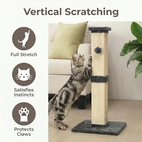 32" Tall Cat Scratching Post, Cat Scratcher with Heavy Duty Thick Wood Base, Cat Tower with Natural Sisal Rope and Hanging Ball, Plant-Like Design Scratching Post, for Small and Adult Kittens, Grey - color: Dark Grey