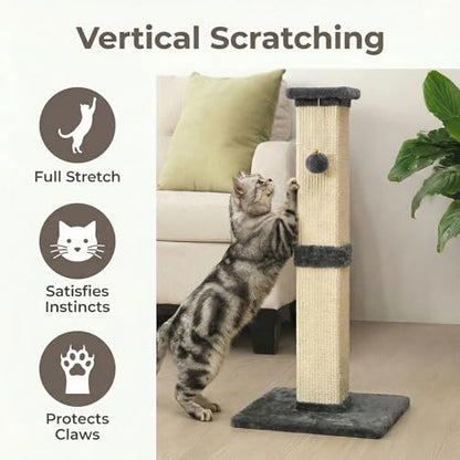 32" Tall Cat Scratching Post, Cat Scratcher with Heavy Duty Thick Wood Base, Cat Tower with Natural Sisal Rope and Hanging Ball, Plant-Like Design Scratching Post, for Small and Adult Kittens, Grey - color: Dark Grey