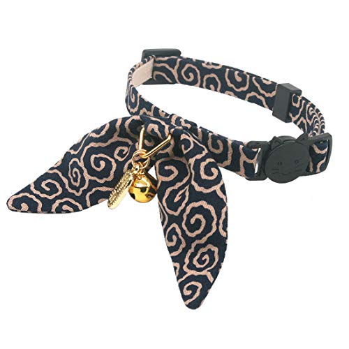 Bunny Ears Cat Collar, Japan Lucky ‘開三運’ Charm. Safety Breakaway Bowtie Kitten Collar with Bell, Navy Blue - color: Navy