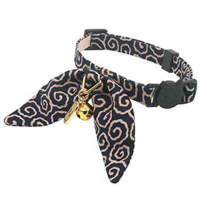 Bunny Ears Cat Collar, Japan Lucky ‘開三運’ Charm. Safety Breakaway Bowtie Kitten Collar with Bell, Navy Blue - color: Navy