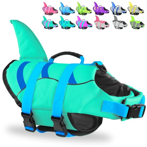 Shark Dog Life Jacket, Easy to Put on Dog Life Vest for Swimming and Boating, Vibrant & Adjustable Dog Life Preservers for Small Medium Large Dogs, Suit to Swim, Fish, Beach, Surfing - color: Shark-Green+Blue, size: X-small
