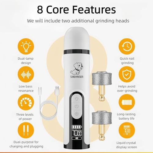 Silent Pet Nail Grinder with Dual LED Lights & 3 Speeds, USB Rechargeable Cordless Pet Nail Trimmer for Dogs and Cats (1 Set + 2*Replacement Heads)