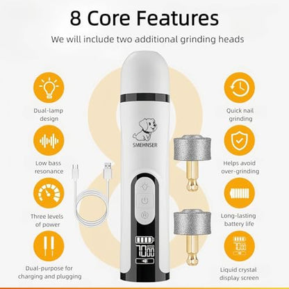 Silent Pet Nail Grinder with Dual LED Lights & 3 Speeds, USB Rechargeable Cordless Pet Nail Trimmer for Dogs and Cats (1 Set + 2*Replacement Heads)