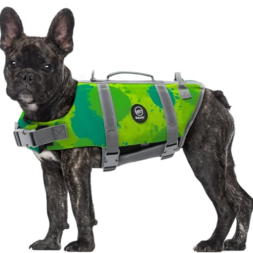 EMUST Dog Life Vests, Adjustable Dog Life Jacket with Rescue Handle, Dogs Flotation Vest for Small/Medium/Large Dogs, XS, MultiGreen - color: MultiGreen, size: XS