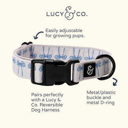 Lucy & Co. Dog Collar - Durable Lightweight Designer Collar for Pets - Adjustable Metal Safety Buckel - Small - White with Blue Bows - color: Bowwow Wow!, size: Small