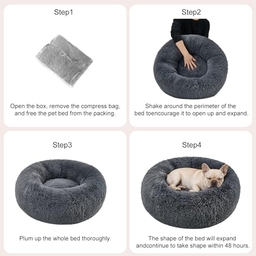 Dog Calming Beds for Small Medium Large Dogs - Round Donut Washable Puppy Dog Bed, Anti-Slip Faux Fur Fluffy Donut Cuddle Anxiety Cat Pet Bed(20" Dark Grey) - color: Dark Grey, size: 20"L x 20"W x 8"Th