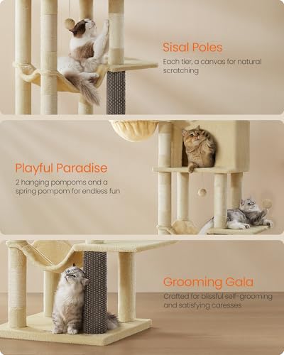 Feandrea Cat Tree, 69-Inch Tall Cat Tower, Multi-Level Plush Condo with 2 Caves, 2 Baskets, 5 Scratching Posts, Self-Groomer, Perch, Hammock, Sand Beige UPCT182Y01 - color: Sand Beige