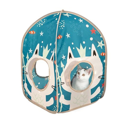 Kitty City Ocean-Themed Pop-Up Cat House, Collapsible Indoor Cat Hideout with Peekaboo Openings, Lightweight Foldable Cat Play Furniture for Play & Lounging - color: F) Ocean Cat Tent House