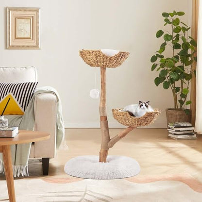 unipaws Wood Cat Tree Tower for Large Cats 20lbs, Updated Enlarge 24" Base with Dual Woven Baskets, 41" H Cat Activity Tree with Plush Cushions and Scratching Post - size: 2 baskets