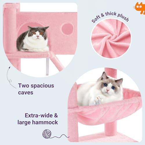 Allewie 81 Inches Tall Cat Tree/Multi-Level Large Climbing Tree House and Towers for Big Feline/Condo and Hammock/Scratching Post/Wide Base/Pink - color: Pink