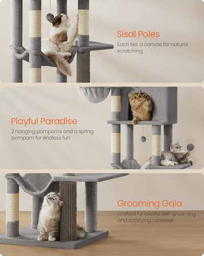 Feandrea Cat Tree, 69-Inch Tall Cat Tower, Multi-Level Plush Condo with 2 Caves, 2 Baskets, 5 Scratching Posts, Self-Groomer, Perch, Hammock, Dove Gray UPCT182G01 - color: Dove Gray