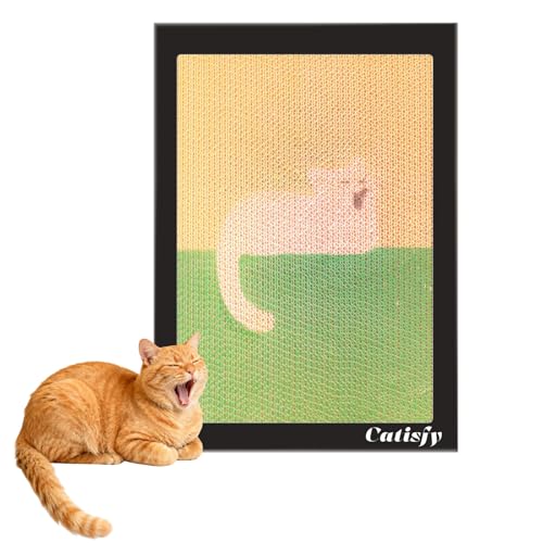Wall Art Cat Scratcher, Decorative Vertical Cat Scratching Board, 17x12 Framed Cardboard Scratch Pad with Renter-Friendly No-Drill Wall Mount, Indoor Cat Toy & Furniture Protector(Yawning Kitty) 1 - color: Green & Yellow
