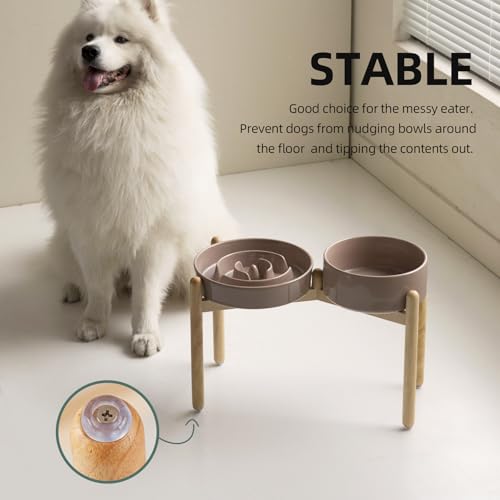 Havniva 9.5” Raised Slow Feeder Dog Bowls Set, 3.2 Cups Ceramic Slow Feeder Dog Bowl and 8.2” Dog Water Bowl with Elevated Wooden Stand Puzzle Dog Food Bowl for Large Dogs Anti-Gulping & Anti-Choking - color: 2 x Brown Coffee+Stand-A, size: 9.5inch