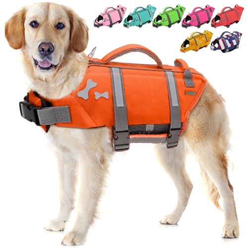 EMUST Dog Life Jacket, Dogs Life Vests for Swimming, Beach Boating with High Buoyancy, Dog Flotation Vest L, NewOrange - color: NewOrange, size: L