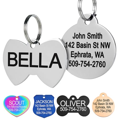 GoTags Stainless Steel Pet ID Tags, Personalized Dog Tags and Cat Tags, up to 8 Lines of Custom Text, Engraved on Both Sides, in Bone, Round, Heart, Bowtie and More (Bow Tie, Regular (Pack of 1)) - size: Regular (Pack of 1), style: Bow Tie