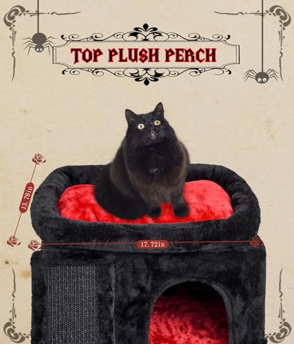 SYANDLVY Gothic Cat Tree with Coffin Bed for Indoor Cats, Cat Tower with Scratching Post, Modern Activity House for Large Cats, Condo with Board, Kittens Cave - color: Black & Red