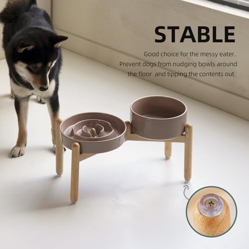 Havniva 8.2” Raised Slow Feeder Dog Bowls Set, 1.6 Cups Ceramic Slow Feeder Dog Bowl and 7.3” Dog Water Bowl with Elevated Wooden Stand Puzzle Dog Food Bowl for Medium Dogs Anti-Gulping & Anti-Choking - color: 2 x Brown Coffee+Stand-A, size: 8.2inch