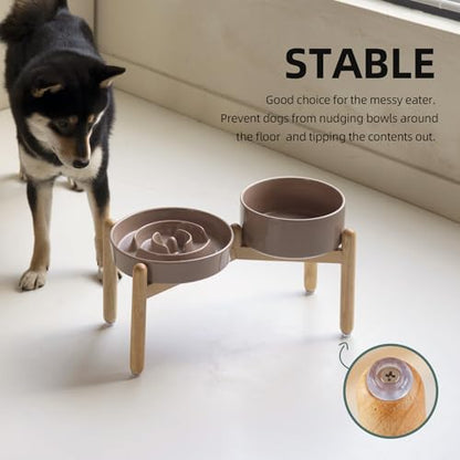Havniva 8.2” Raised Slow Feeder Dog Bowls Set, 1.6 Cups Ceramic Slow Feeder Dog Bowl and 7.3” Dog Water Bowl with Elevated Wooden Stand Puzzle Dog Food Bowl for Medium Dogs Anti-Gulping & Anti-Choking - color: 2 x Brown Coffee+Stand-A, size: 8.2inch