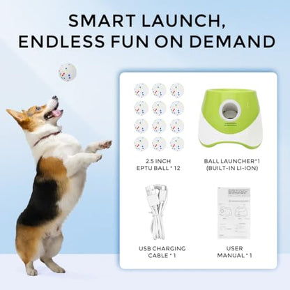 Interactive Automatic Ball Launcher for Dogs, 20-46Ft 3 Distance, Ball Thrower for Medium & Large Dogs, with 12pcs 58mm ETPU Tennis Balls, Rechargeable Dog Toy for Outdoor Lawn