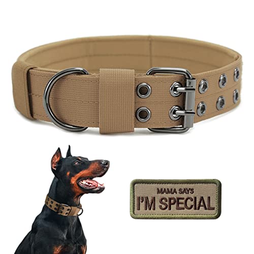 Tactical Dog Collar Military Adjustable Dog Collars Soft Nylon Training Collar with Patch Heavy Duty Metal Buckle Collars for Medium Large Dogs (Brown, L) - color: Brown, size: L