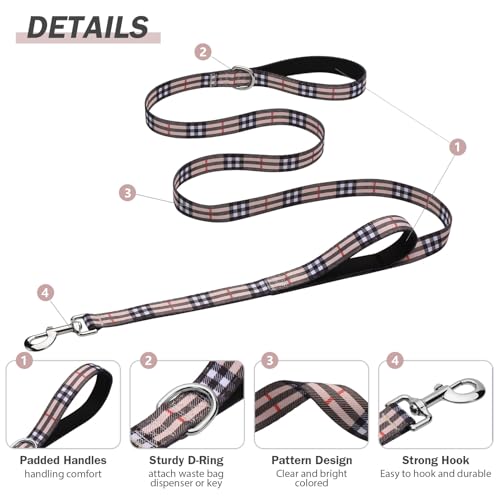 Hikiko 4 Foot Cute Girl Double Handle Dog Leash Padded Traffic Handles for Walking Training (Beige Plaid, 4ft) - color: Beige Plaid, size: 1 in x 4 ft