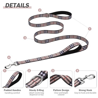 Hikiko Double Handle Dog Leash Cute Girl 5 Foot Padded Traffic Handles for Walking Training (Beige Plaid, 5ft) - color: Beige Plaid, size: 1 in x 5 ft