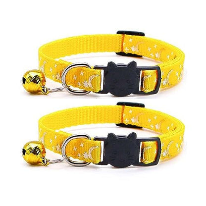 Reflective Cat Collars Breakaway with Bell 2-Pack Girl Boy Pet Kitten Collar with Star Moon Patetrn Adjustable 7.5-12.5 Inch (Yellow) - color: Yellow