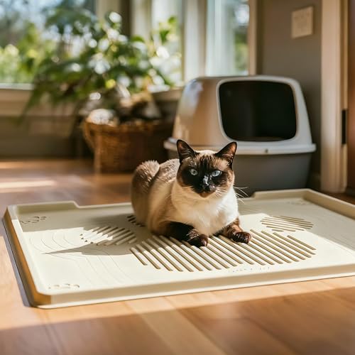 ISSEVE Cat Litter Mat 40" x 28" XL, Extra Large Silicone Mat for Litter Box, 1.38" Raised Edge Urine Waterproof Litter Trapping Mat Pad for Scatter Control, Soft on Kitty Paws, Protect Floor (Beige) - color: Beige