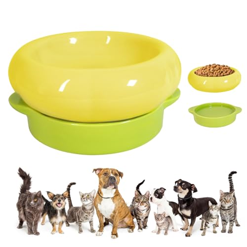 Ceramic Cat Food Bowl Set of 2,Flower Anti Whisker Fatigue Cat Bowls/Dishes,for Wet Dry Food and Water,Cute Kitten Feeding Shallow Bowls,for Indoor Outdoor, Dishwasher Safe, Non-Slip(Yellow) - color: Yellow