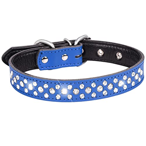Rhinestones Dog Collar, Adjustable Sparkly Crystal Studded Genuine Leather Pet Dog Collar for Small and Medium Dogs (Dark Blue, S) - color: Dark Blue, size: Small