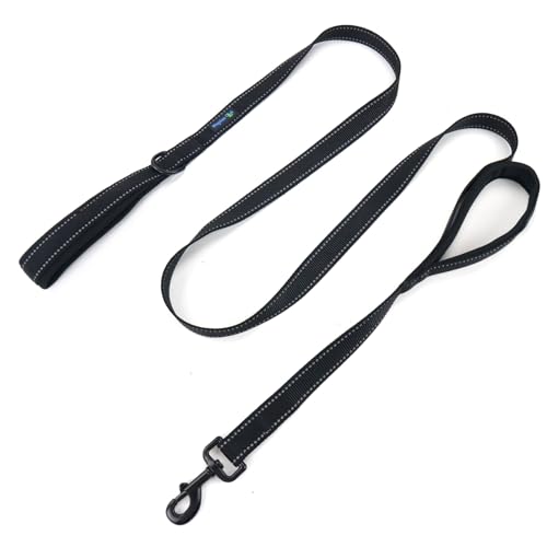 Wagtime Club Double Handle Dog Leash, 6ft Long Heavy Duty Dog Leash with Paded Traffic Handles for Extral Control and Training, Dual Handles Leads, Large Medium Small Dogs (Reflective Black) - color: Reflective Black